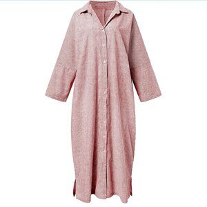 Womens Striped Long Sleeve Dress Casual Loose Button Down Cotton Maxi Dress
